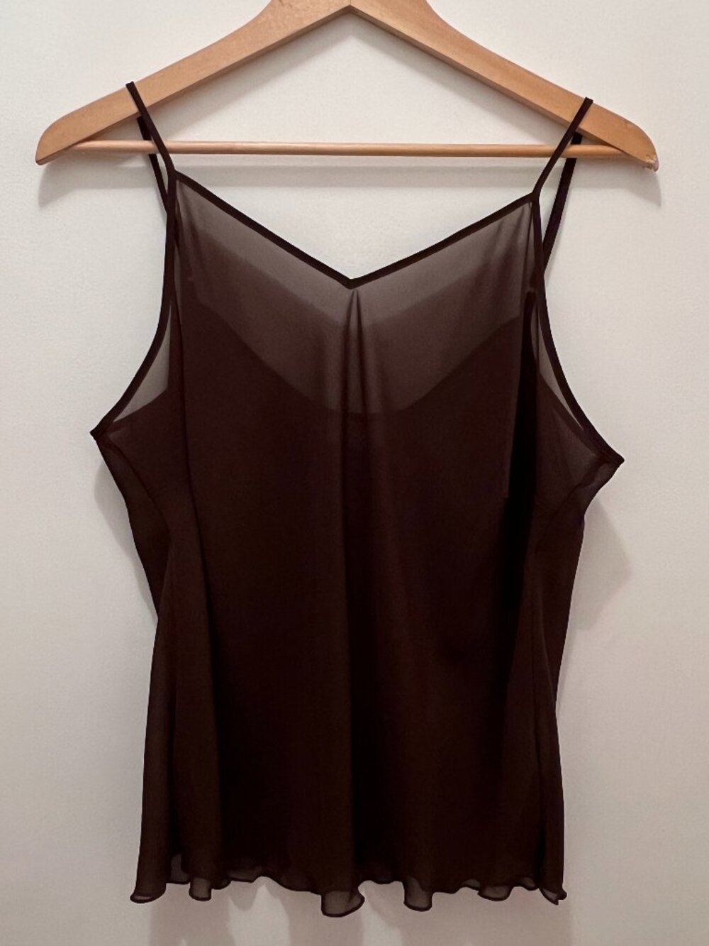 Kim Rogers Sheer Brown Lettuce Hem Camisole – Delicate Layering Tank